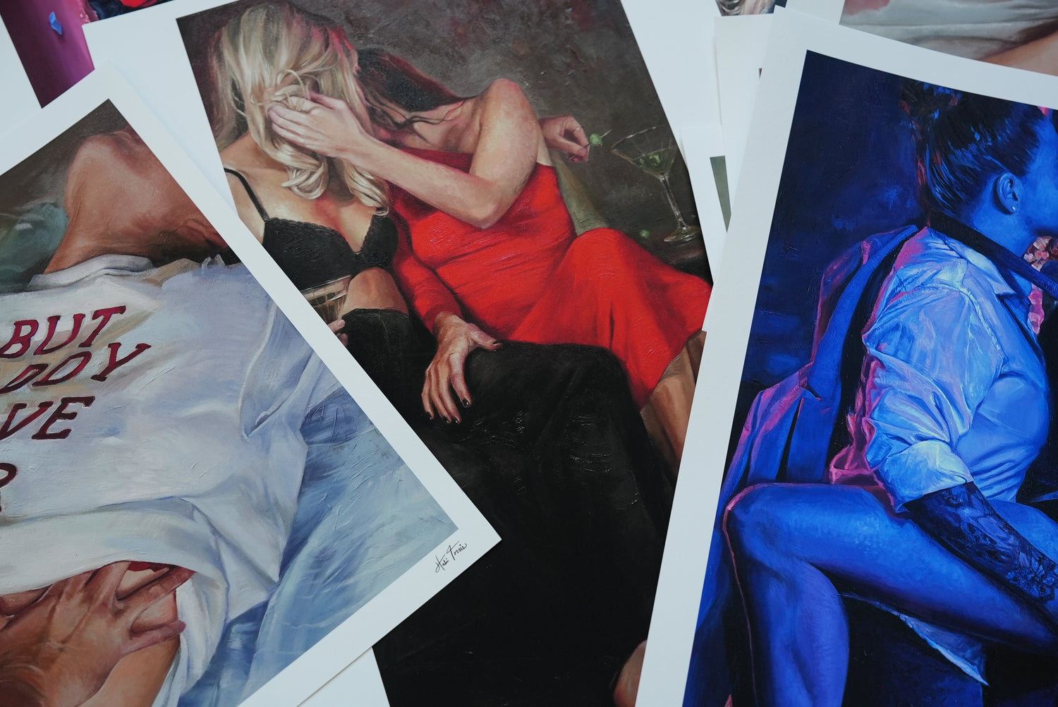 Collage of artistic prints featuring intimate scenes with people in various poses.