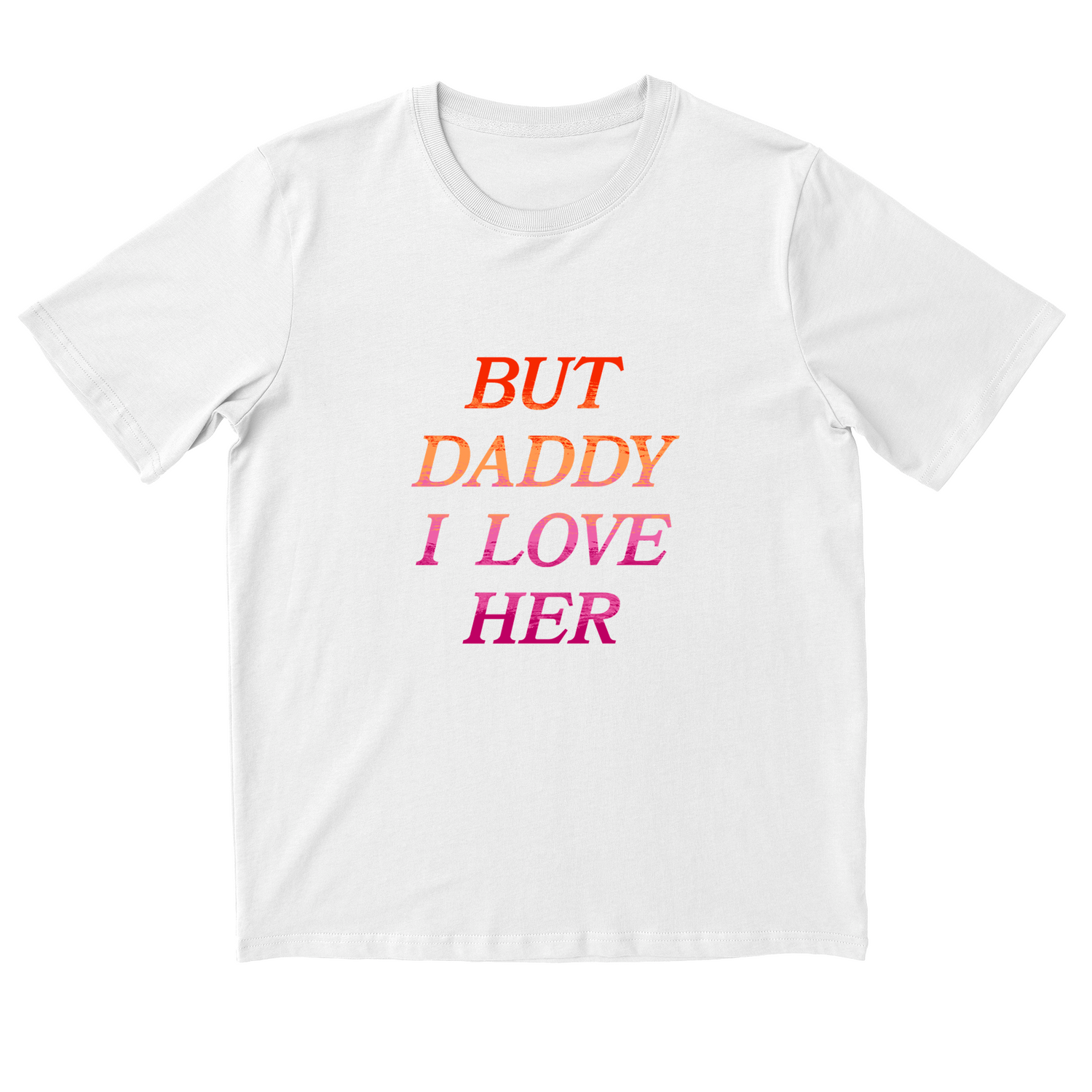 White t-shirt with red and pink text on a white background
